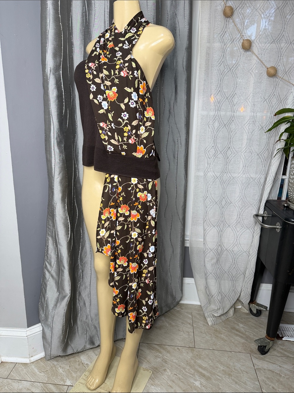 New York & Company Women’s Sz XXL  Brown Floral-Trim Top